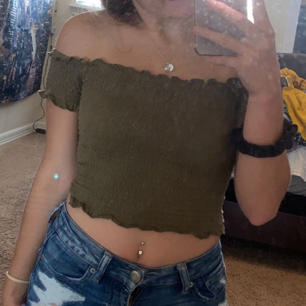 Off the shoulder green top